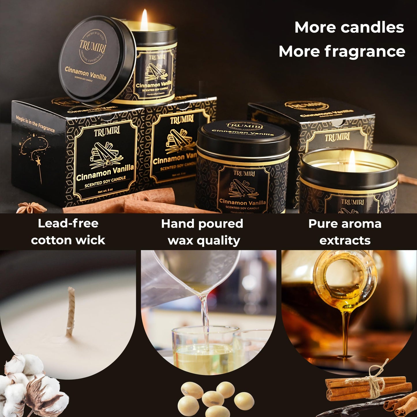 Vanilla Candle with Cinnamon Strong Scented Soy Candel Clean Non Toxic Velas Aromáticas for Women Gift for Fall Christmas Holidays Pack of 3 5Oz Decorative Tin Jars with Lids