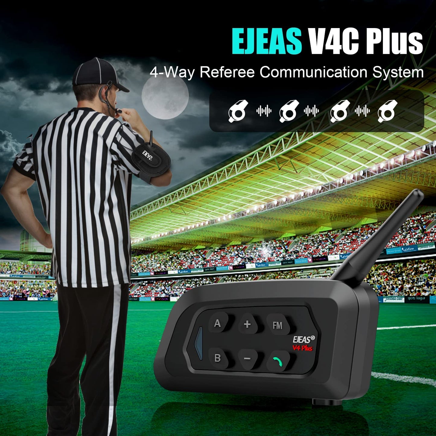 EJEAS V4C Plus Professional Referee Intercom, Bluetooth 5.1 Referee Communication System with FM Radio Function for Football and Handball Sports, Support 2 to 4 People Group Talking (2 Pack)