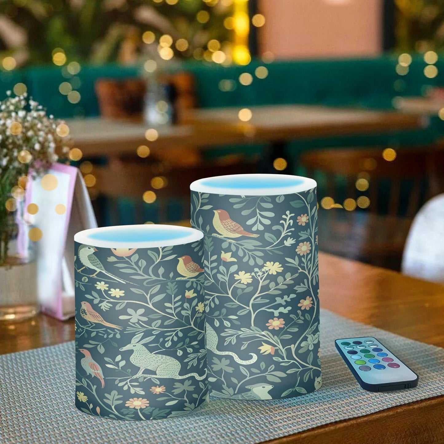 Forest Animal and Floral Flickering Flameless Candles Battery Operated with Remote Timer,Tea Light Candles LED Pillar Votive Candles set of 2 for Outdoor Indoor Decorations