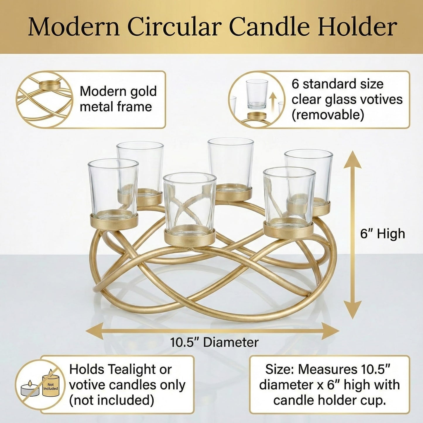Seraphic Centerpieces for Table Decorations - Round Candle Holders for Outdoor Patio, Dining, Kitchen, Coffee & Wedding Table Decor, Gold Iron Candelabra, 6 Clear Glass Votive Tealight Cups