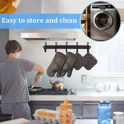 Skiennix Oven Mitts Set - 4 Pcs High Heat Resistant Kitchen Mitts & Pot Holders | Grey, Silicone Non-Slip