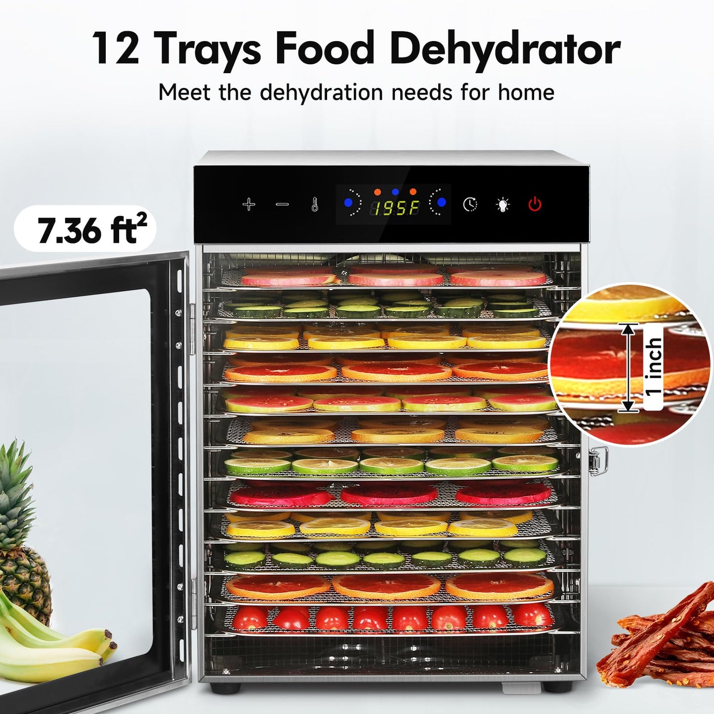 Food Dehydrator Machine 12 Stainless Steel Trays 1000W Meat Dehydrator for Home Use, 24H Timer & 195℉ Temperature Control Food Dryer for Jerky Fruit Herbs Mushroom Dog Treats