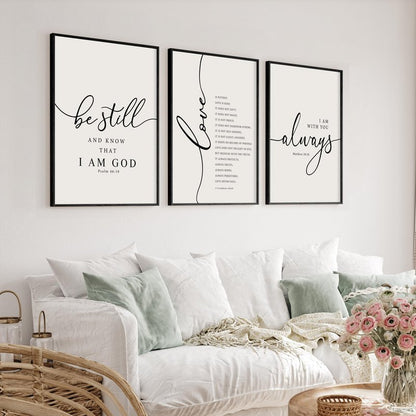 Heiple Framed Be Still and Know that I am God Sign Love is Patient Love is Kind Wall Art Set of 3 Prints for Home Bedroom Decor Above Bed Bible Verse Scripture Art Christian Religious Wall Decor (Black, 16"x24")