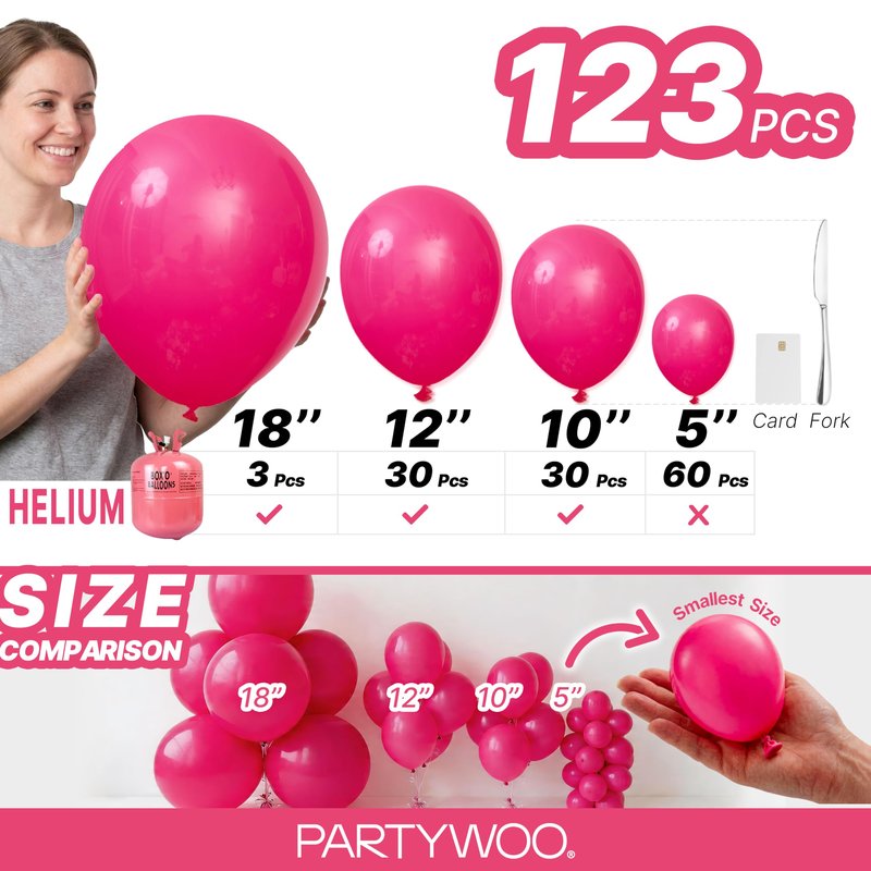 PartyWoo Hot Pink Balloons 123 pcs Different Sizes of 18 12 10 5 Inch Magenta Fuchsia Balloon Arch Kit Garland for Baby Shower Wedding Bridal Shower Anniversary Birthday Party Decorations Pink-Y12