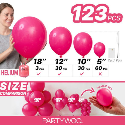 PartyWoo Hot Pink Balloons 123 pcs Different Sizes of 18 12 10 5 Inch Magenta Fuchsia Balloon Arch Kit Garland for Baby Shower Wedding Bridal Shower Anniversary Birthday Party Decorations Pink-Y12