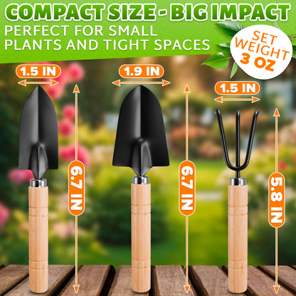 Small Garden Tools - 3 Pcs Mini Garden Tools Set with Small Trowel, Mini Shovel & Hand Rake Made of Rust-Resistant Iron & Solid Wood - Indoor Gardening Tools Set for Succulent, Bonsai & Pot Plants