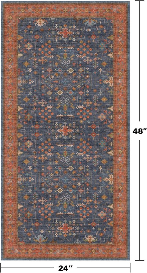 Hazo Haus Washable 2x4 Entry Rug - Non-Slip Rubber Backed for Indoor Use | Perfect for Farmhouse & Boho Décor (Navy Blue)