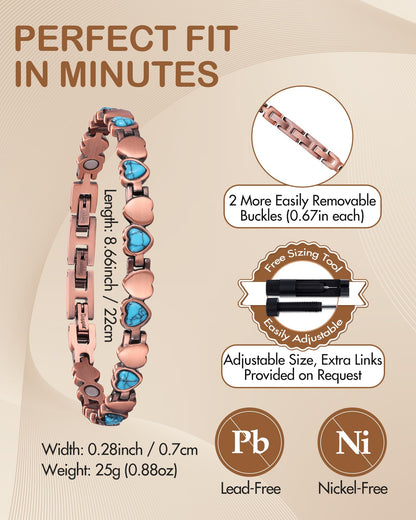Feraco Pure Copper Bracelets for Women, Ultra Strength Magnetic Bracelet with 3800 Gauss Magnets & Natural Turquoise & Stones, Adjustable, Jewelry Gift (Ocean Heart)
