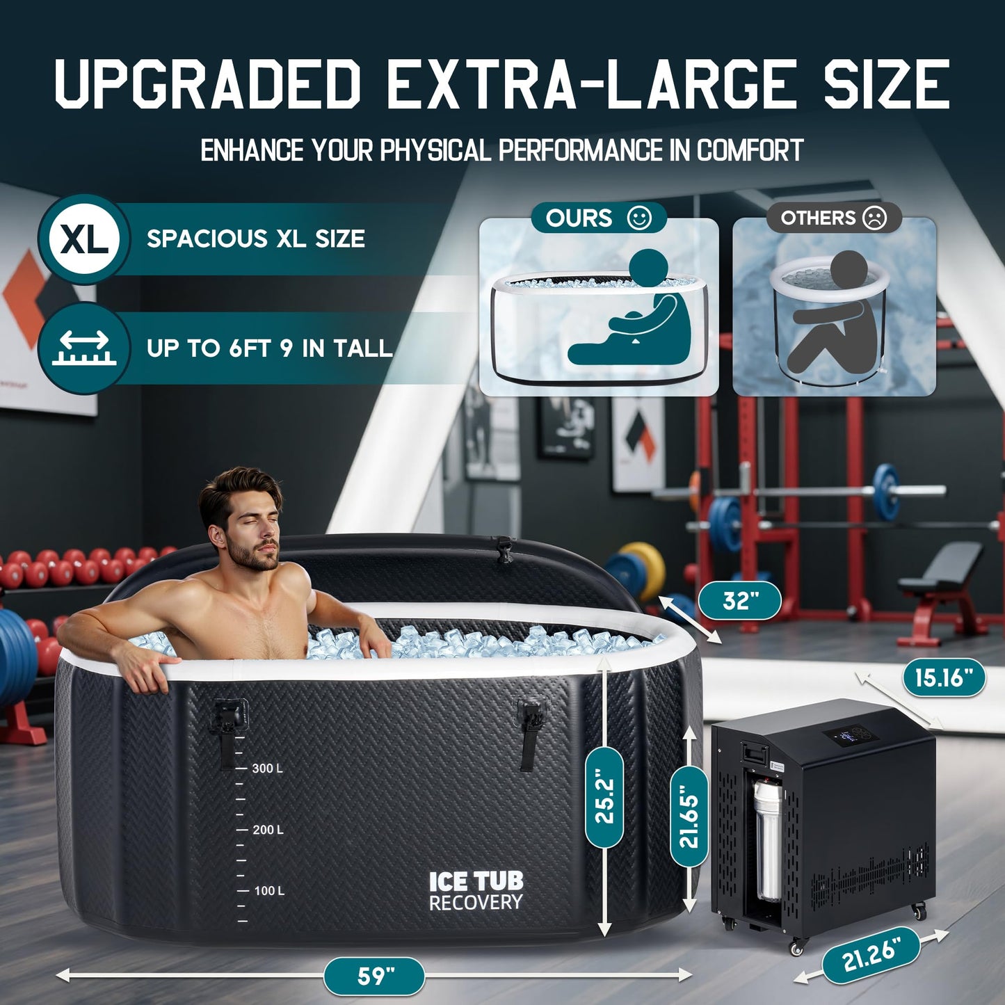 Albott Cold Plunge Tub with 1HP Chiller, Inflatable Ice Bath Tub with App Control, UV/Ozone System, Insulated Lid & Wheels, Full-Body Recovery Tub for Athletes, 150 Gal, 59"x32"x28"