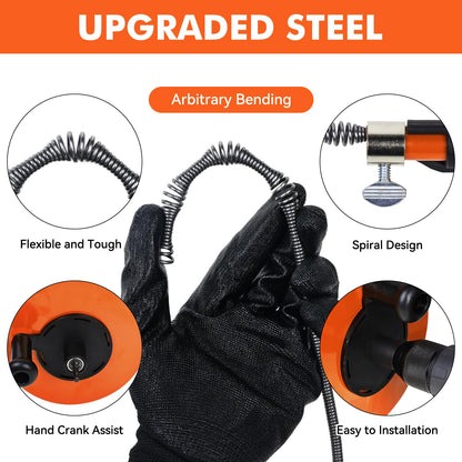 50FT Drain Auger, Dual-Mode Plumbing Snake with Drill Attachment, Sewer Pipe Clog Remover for Kitchen/Bathroom/Shower/Toilet, 6 Hair Clog Removers + Storage Bag, Destapador de tuberia (50 FT, Orange)