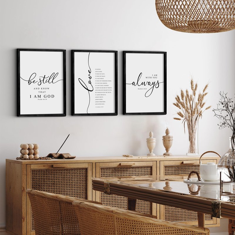 Heiple Framed Be Still and Know that I am God Sign Love is Patient Love is Kind Wall Art Set of 3 Prints for Home Bedroom Decor Above Bed Bible Verse Scripture Art Christian Religious Wall Decor (Black, 16"x24")