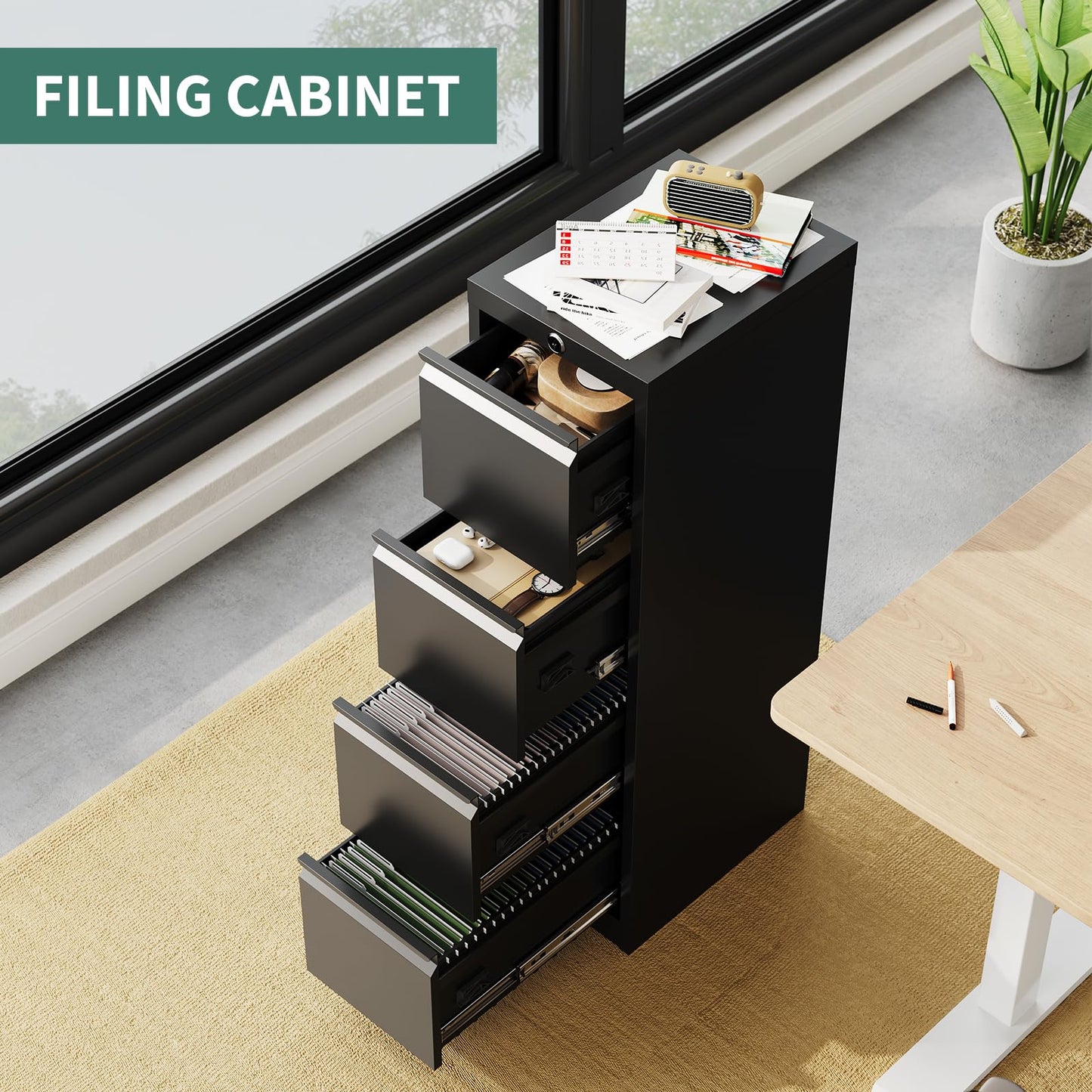 4 Drawer Vertical File Cabinet, Cold-Rolled Steel Locking Filing Cabinet with Anti-Tilt System, 330 Lbs Weight Capacity, Powder Coated Black, for Letter/Legal/A4/F4 Files, Home Office Commercial Use