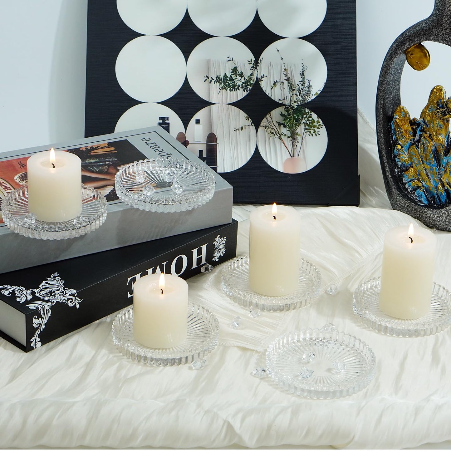 Jollyhilan Candleholder Glass Candle Holder Plates Set of 6, Round Glass Candle Tray Plates for Dining Wedding Christmas Party Evening Light, Clear