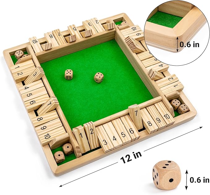 Ropoda Wooden Shut The Box Game (2-4 Players) - Large 4 Sided Board 8 Dice Rules - Amusing Addition Game for Kids &amp Adults 12 Inch