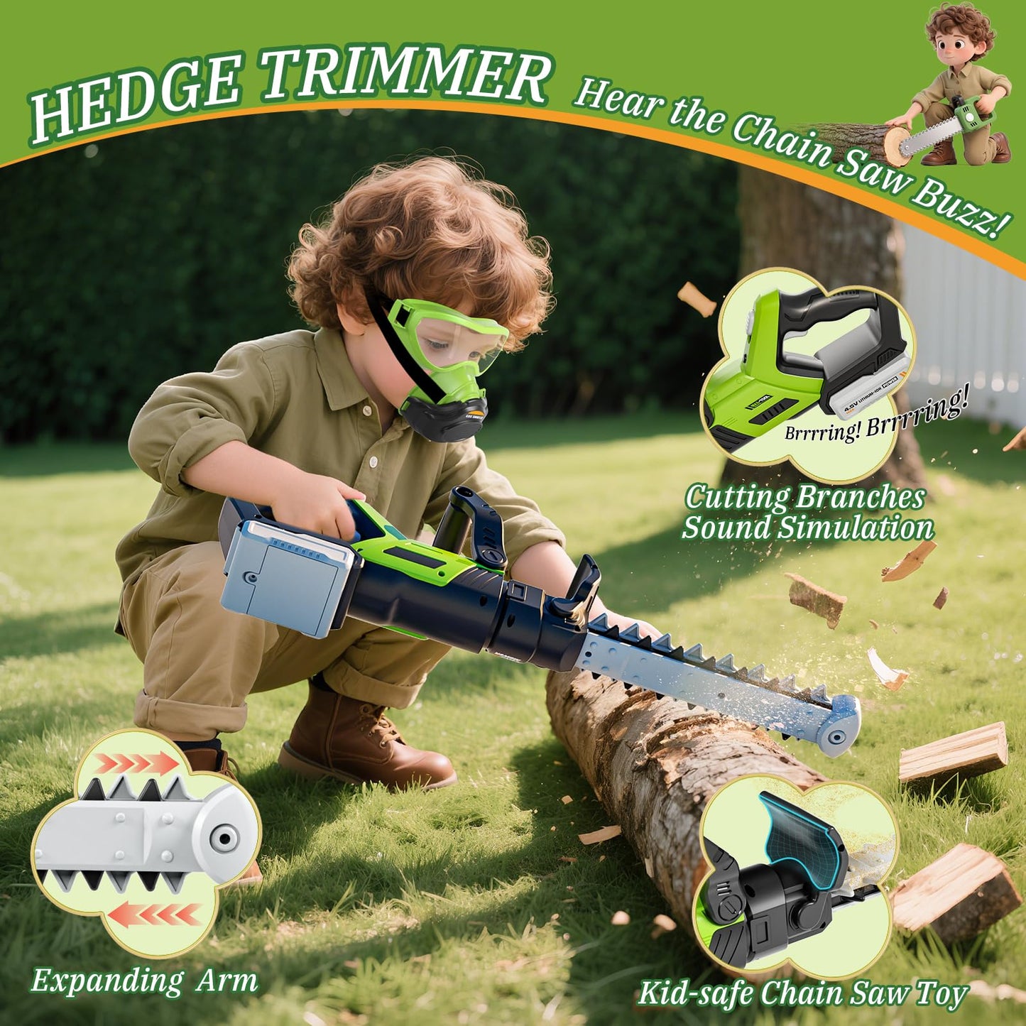 UPGRADED Kids Tool Set, 3-IN-1 Toddler Power Garden Tools with Sounds & Lights, Volume+/-, Toy Weed Wacker, Leaf Blower & Hedge Trimmer, Hat, Gloves, Apron, Toy Tools Christmas Birthday Gifts for Boys