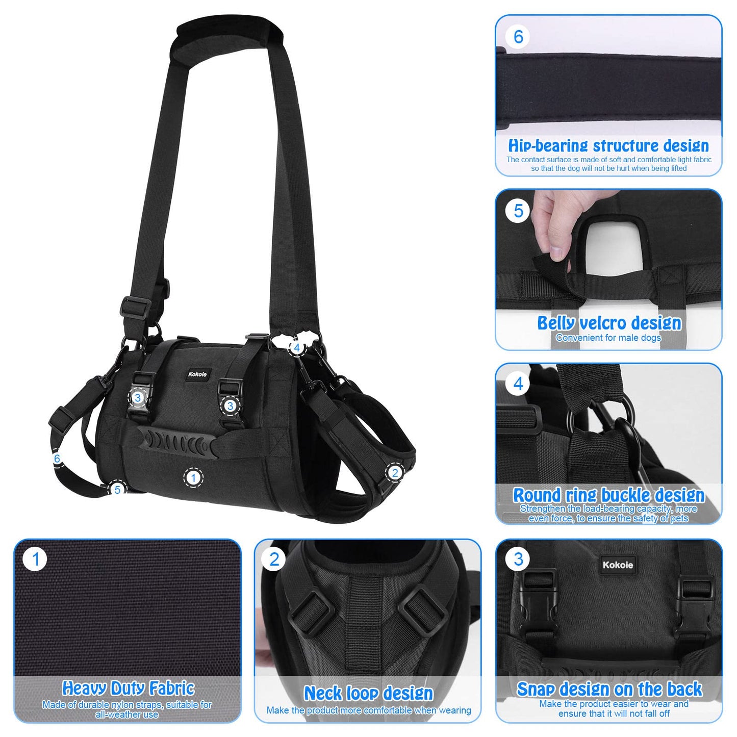 Dog Carry Sling, Emergency Backpack Pet Legs Support & Rehabilitation Dog Lift Harness for Large Dogs, Dog Carrier for Senior Dogs Joint Injuries, Arthritis, Up and Down Stairs (Black, XXL)