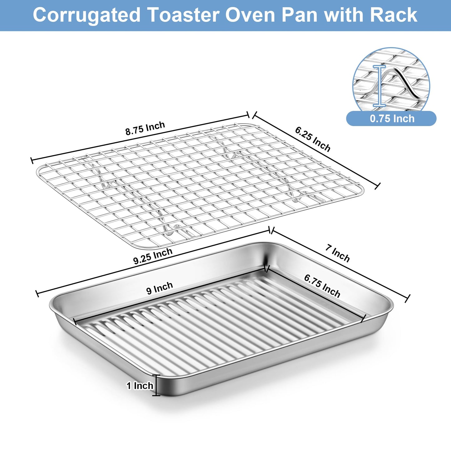 TeamFar Toaster Oven Pan with Cooling Rack, Stainless Steel Mini Baking Tray for Compact Toaster Oven, 9 Inch, Corrugated Bottom & Grid Mesh, Healthy & Heavy-Duty, 1 Pan + 1 Rack