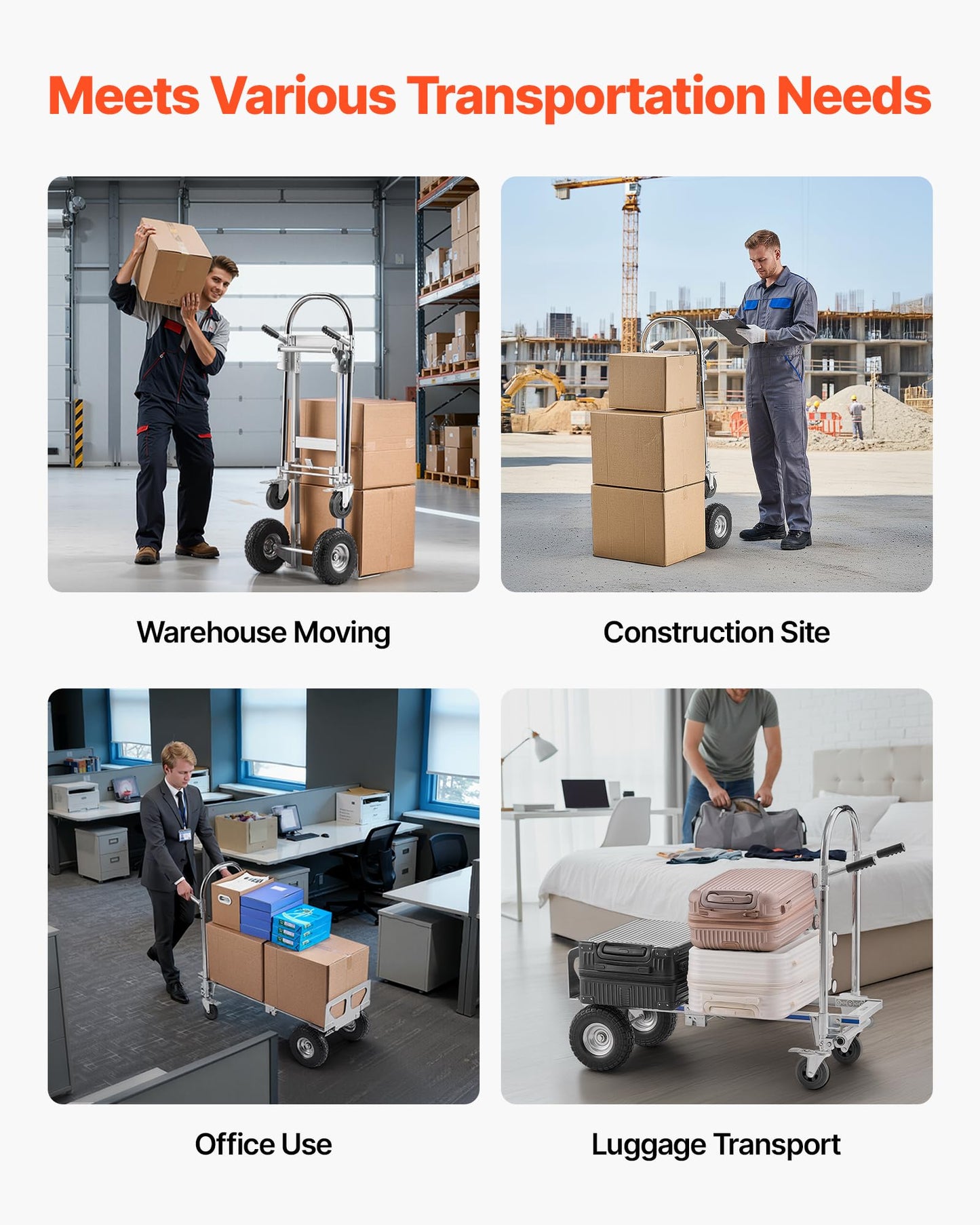 VEVOR 2 in 1 Hand Truck, 1000 lbs Load Capacity for 4-Wheel Mode, Convertible Hand Truck Dolly with Non-Slip Handle & Wheels, Portable Trolley Dolly for Moving Home, Office, Warehouse, Supermarket