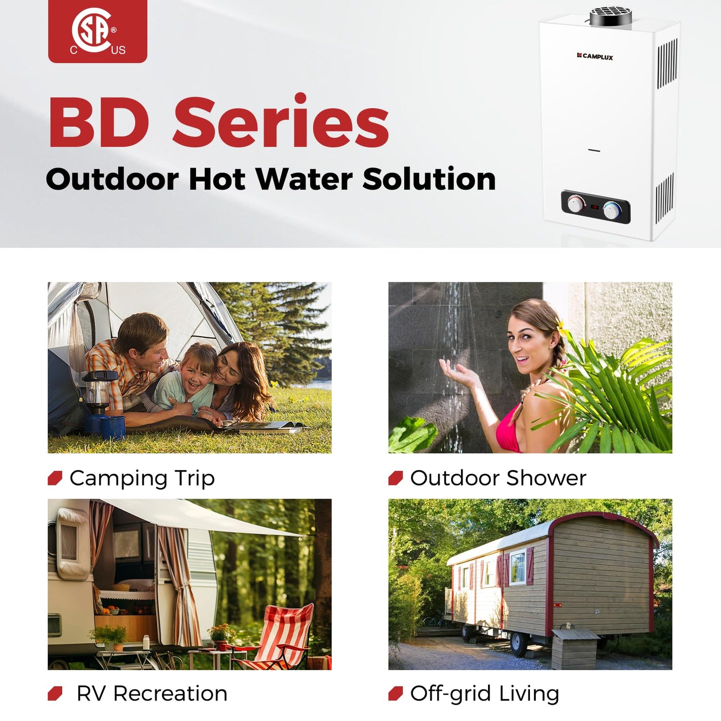 CAMPLUX 2.64 GPM Tankless Propane Water Heater, Portable Water Heater Outdoor with Overheating Protection, for Camping, Cabins, Barns, Easy Installation, 68,000 BTU, BD264