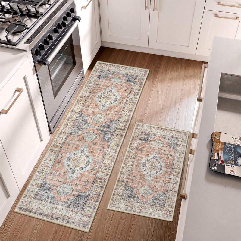 LEEVAN Kitchen Rug Set of 2, Washable Non Slip Kitchen Mat, Vintage Orange Runner Rug, Soft Standing Mat, 20''x31'+20''x47''