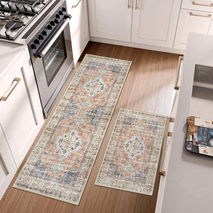 LEEVAN Kitchen Rug Set of 2, Washable Non Slip Kitchen Mat, Vintage Orange Runner Rug, Soft Standing Mat, 20''x31'+20''x47''