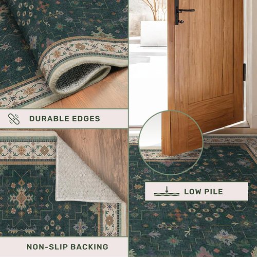 Hazo Haus Dark Green Vintage Living Room Rug - Boho Floral Design, Washable 9x12 Non-Slip Area Rug