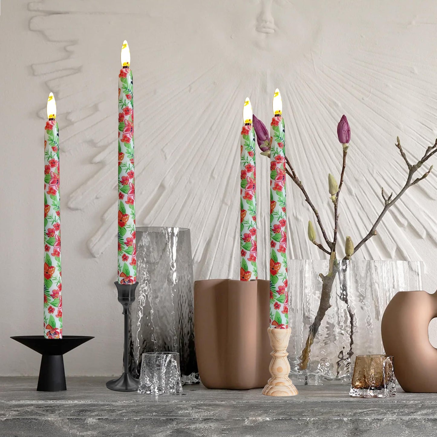 FCMSHAMD 6PCS Tropical Flower Flameless Taper Candles, 11 Inch LED Candlesticks Battery Operated with 11-Key Remote and Timer, 3D Flickering Flame Lights for Wedding Party Home Decor Gifts
