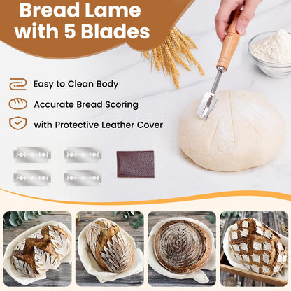 Danish Dough Whisk with Sourdough Scoring Tool, Bread Making Tools and Baking Supplies - Dough Hook Dutch Whisk, Bread Lame, Bench Scraper & Pastry Brush