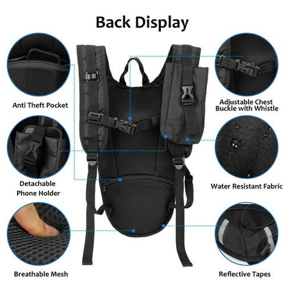 DEVONWIDE Lightweight Hydration Backpack 2L Water Bladder Pack - Black | Water Backpack for Running, Cycling, Hiking | Anti-Theft, Reflective, with Phone Holder & Trekking Pole Loops