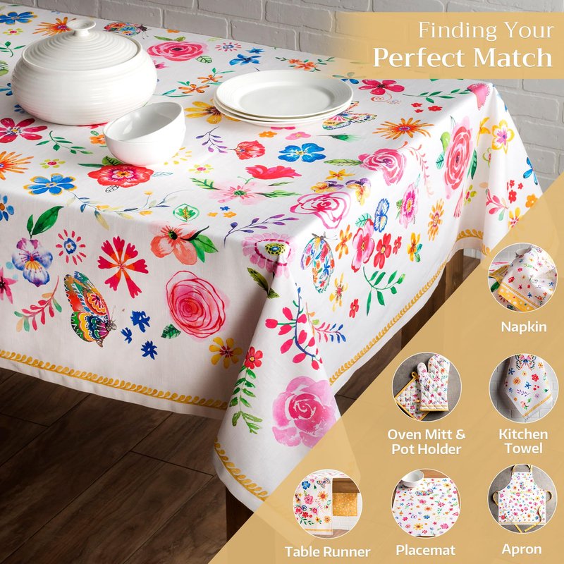 Maison d' Hermine Table Cloth Rectangle Table 100% Cotton 60 x 108 Inches Tablecloth Reusable Decorative for Dining Kitchen Farmhouse Home Gifts for Mothers Day Spring Summer- Happy Florals - Sweety