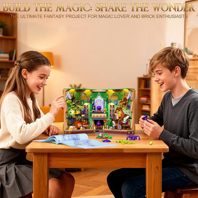 OKKIDY Magic Potion Book Nook Building Set with Light DIY Booknook Building Block kit for Home Decor Bookshelf 1033 PCS Miniature Bookend House Building Brick Toy Gift for Adult Kids Boy Girl Age 8+