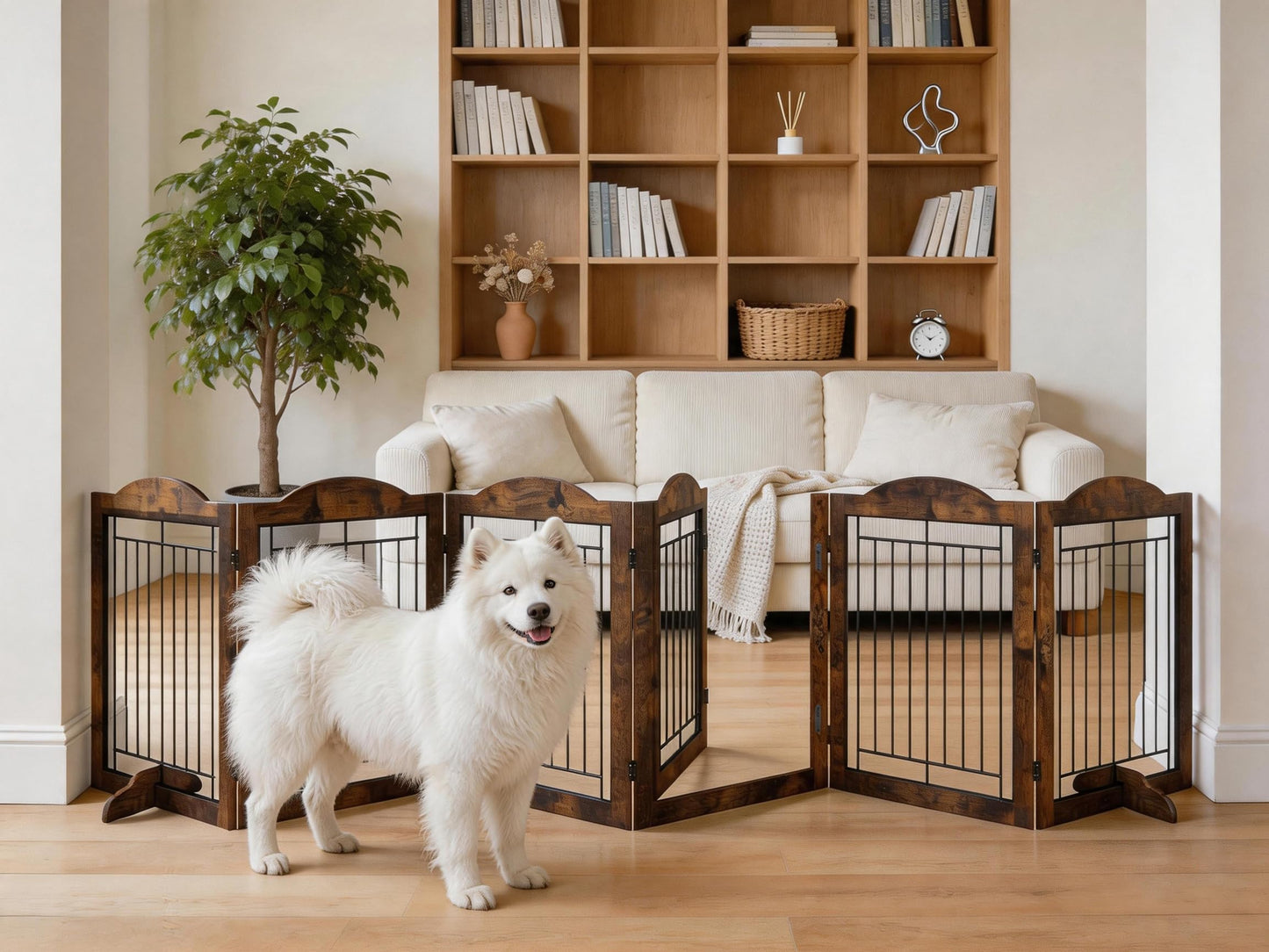 Vantas Folding No-Assembly Dog Door Pet Gate 144" Wide, 30" Tall Wooden Dog Gate with Door Walk Through, Freestanding Wire Pet Gate, Pet Puppy Safety Fence, with 2PCS Support - Rustic Brown