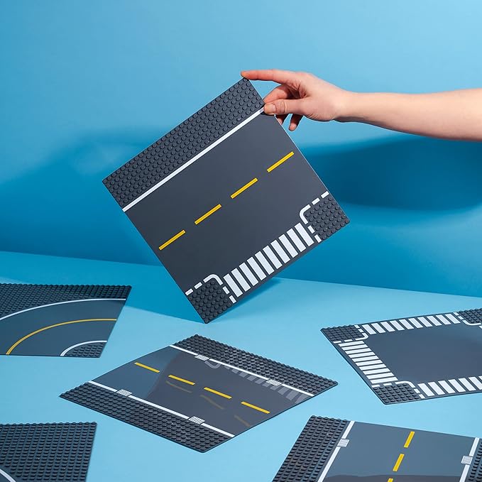 Apostrophe Games Road Baseplate – Premium Building Blocks Base Plates Compatible with All Major Brands – 6pcs Baseplate Gray with Road Design – Straight Curve Crossroad T-Junction