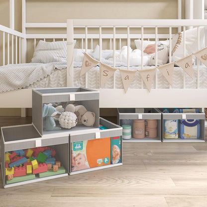 Linen Closet Organizers by [Brand Name] - Foldable Storage Bins with Mesh Window | 4-Pack Gray Baskets (12.75" x 12.75" x 9")