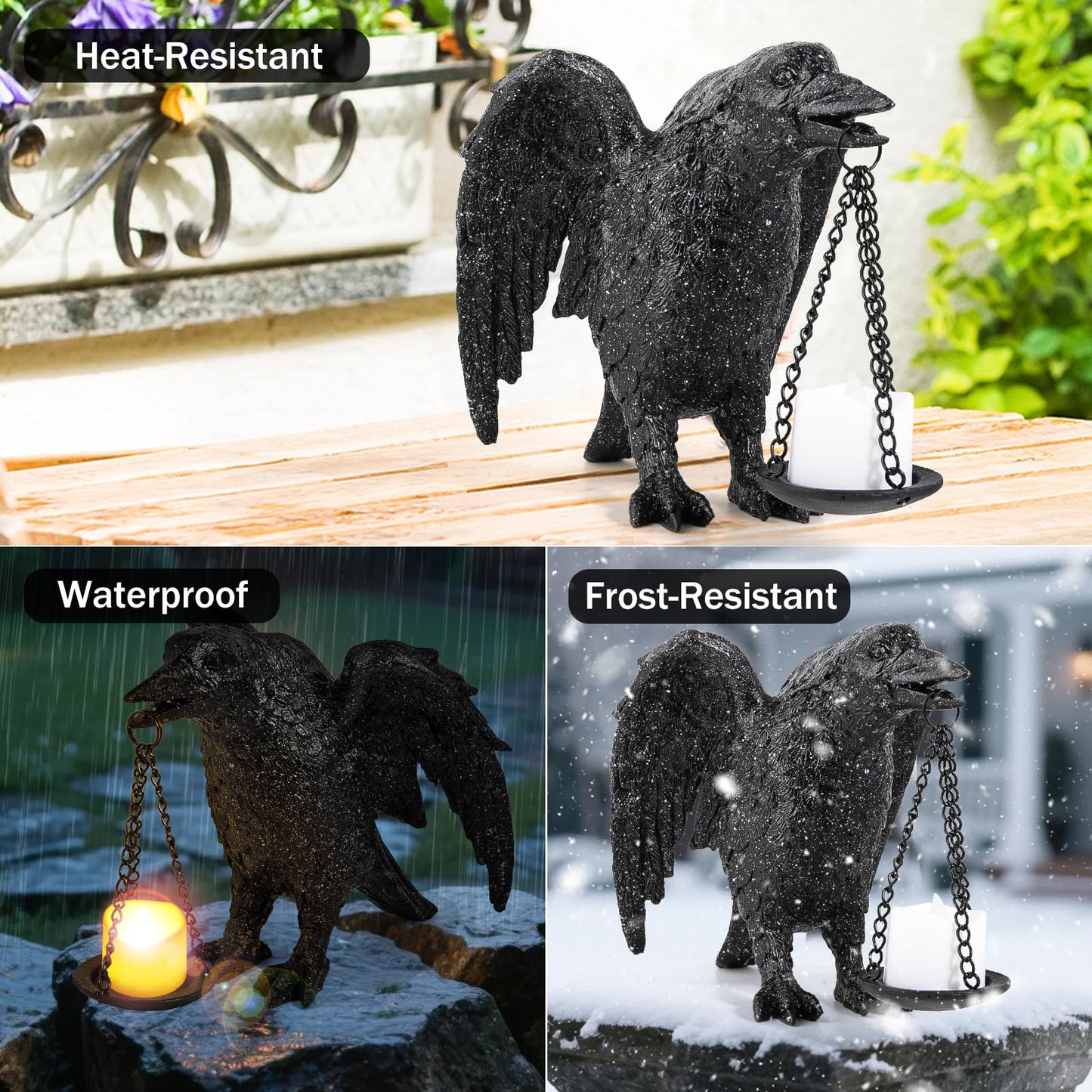 Halloween Decorations Spread Wings Raven Candle Holder Outdoor Garden Statue for Patio Decor Gothic Home Decor Black Stone