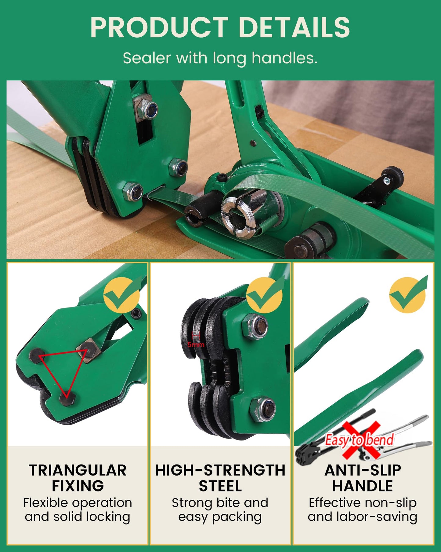 FoundGo PET Banding Strapping Kit for Heavy Duty Tough Pallet Packaging Strapping Tool with >1500lbs 5/8" x 1000' PET Strapping Roll & its own Pull-Out Box 100 Corner Protectors 300 Seals