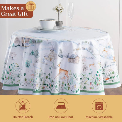 Maison d' Hermine Table Cloth Round Table 100% Cotton 63 Inches Fall Tablecloth Reusable Everyday Use for Thanksgiving Christmas Decorations Dining Farmhouse Party (Snowy World)