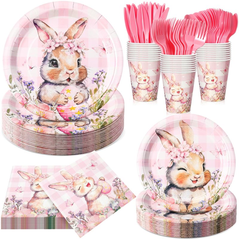 Honeydak 210 Pcs Pink Bunny Party Supplies for 30 Guests, Includes Spring Rabbit Plates, Cups, Napkins, Cutlery - Cute Pink Bunny Tableware Decoration for Baby Shower Easter Party