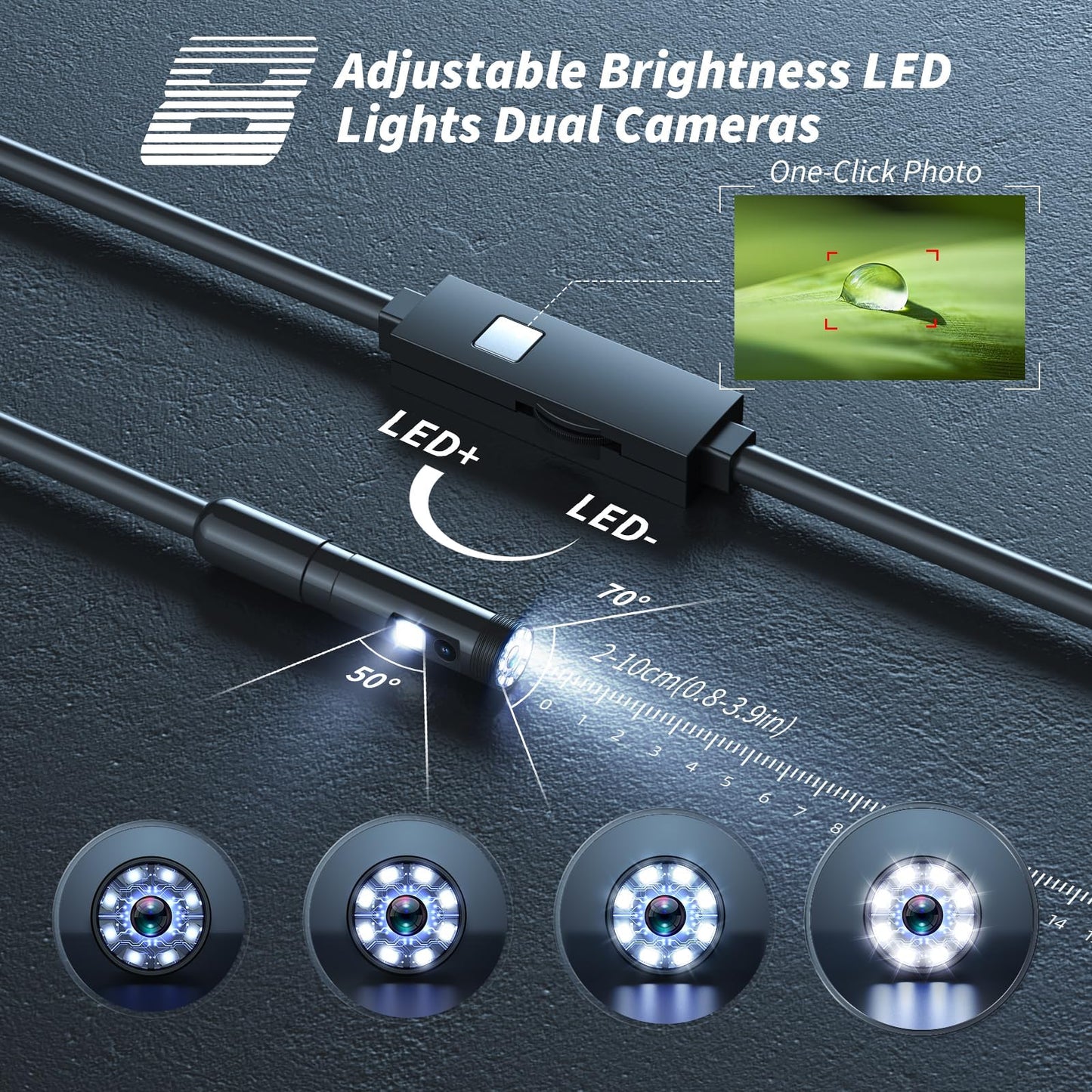 Endoscope Camera with Light,1920P HD Borescope Tools with 8 Adjustable LED Lights, Endoscope with Semi-Rigid Snake Camera, IP67 Waterproof Inspection Borescope for iOS and Android-16.4ft Dual-Lens