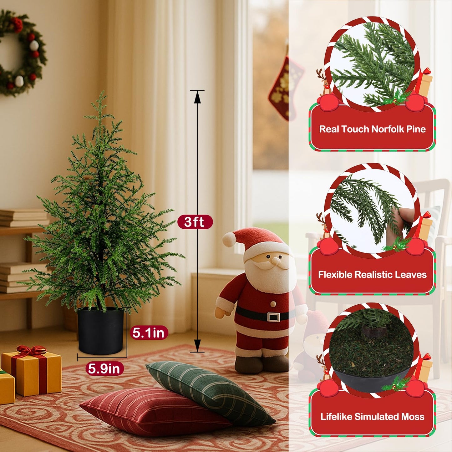 ENVEN PreLit Artificial Norfolk Pine Christmas Tree – Realistic Potted Tree with 70 LED Lights & 8-Mode Battery Box, Pre-Assembled Faux Holiday Decor for Indoor Display (3FT-1Pack)