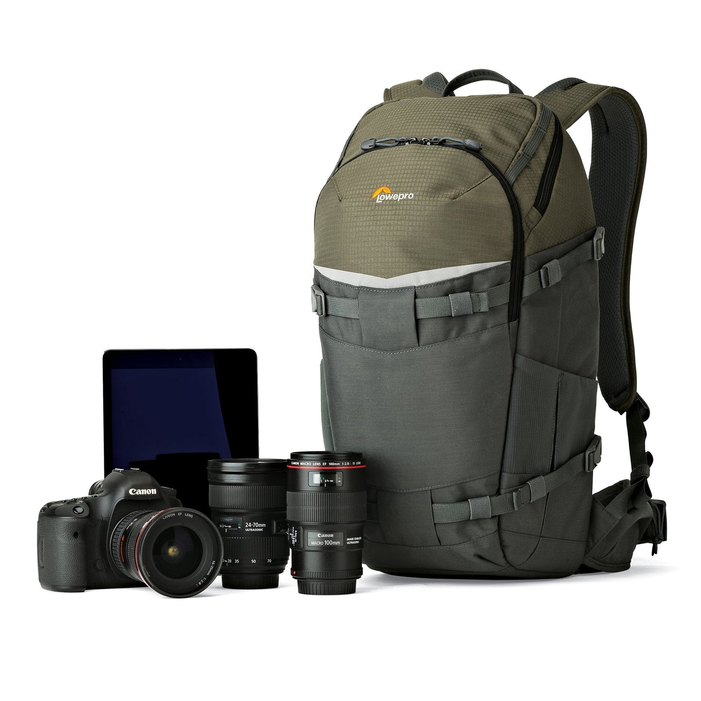 Lowepro LP37015-PWW, Flipside Trek BP 350 AW Backpack for Camera, Stores DSLR with Lens Attached, Extra Lenses, Tripod, 10 Inch Tablet Grey/Dark Green