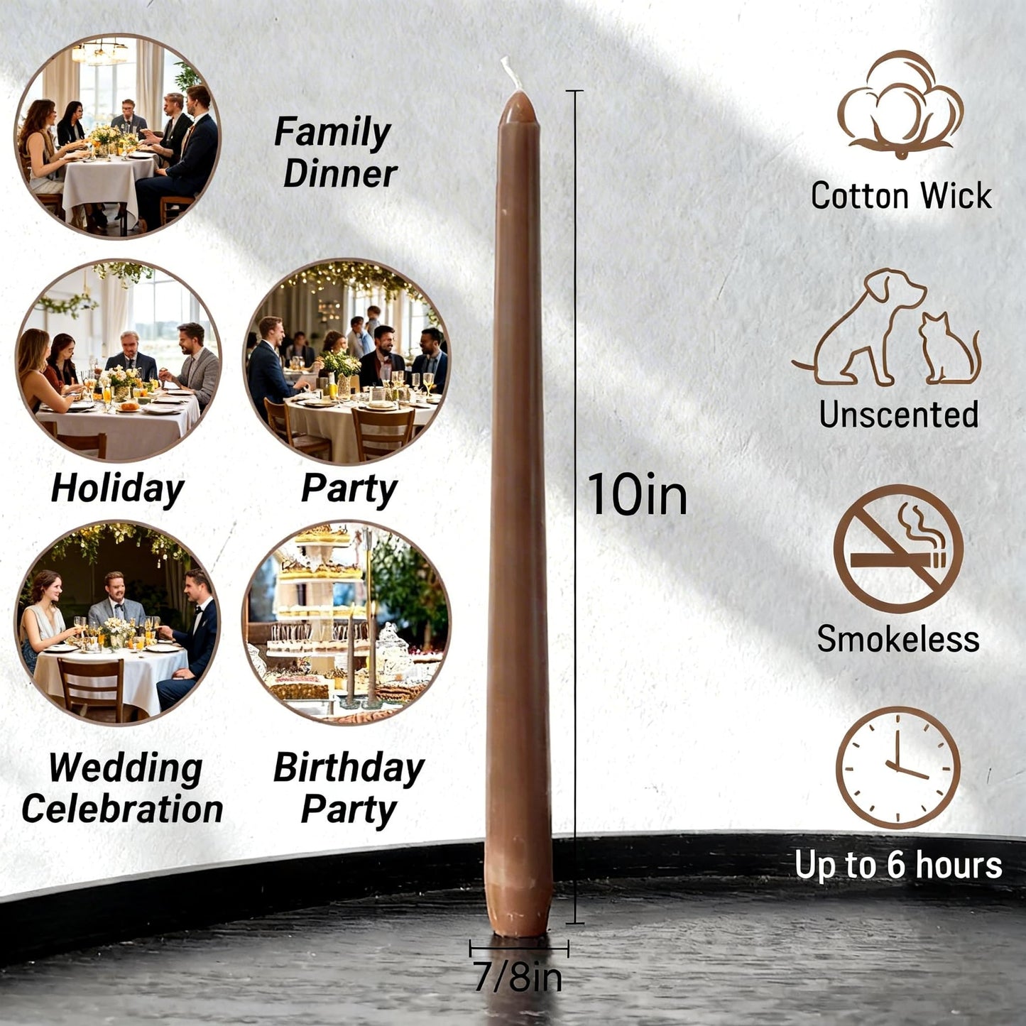 PAMELIFE Brown Taper Candles 12 Pack 10 Inch, Unscented Dripless Smokeless Tapered Candlesticks, Long Lasting 8H Burn Paraffin Wax for Wedding Dinner Home Decor, Secure Pearl Cotton Packaging