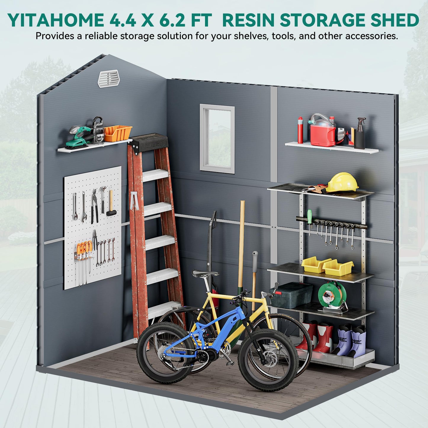 YITAHOME 4.4x6FT Resin Storage Unit sans Flooring, All-Weather Plastic Shed with Window, Vents and Secured Doors, Outdoor Plastic Tool Cabin for Poolside, Lawn, Backyard, Patio, Dark Gray
