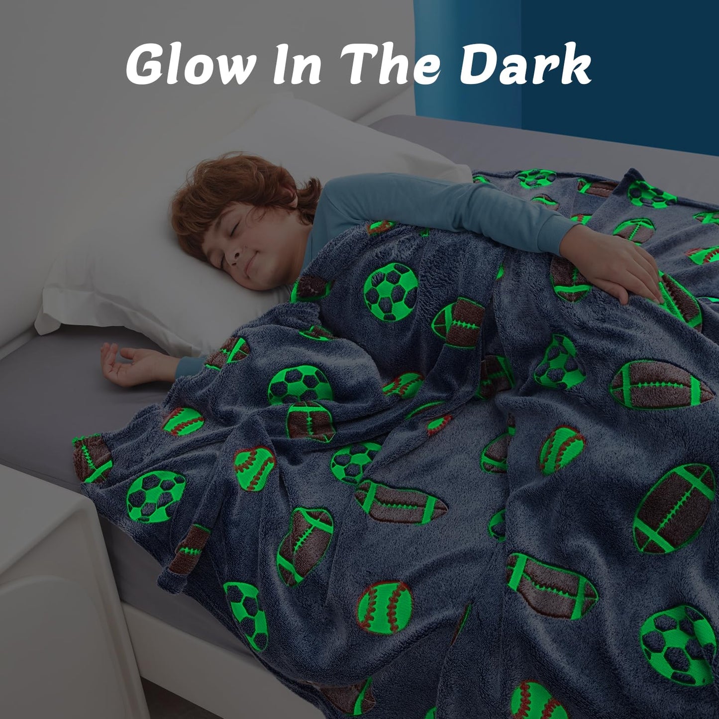 QSTEHEML Soccer Glow in The Dark Blanket,Football Gifts Toys for Kids Boys Age 3-12 Years Old, Birthday Gifts Luminous Sports Throw Blanket 50"×60"