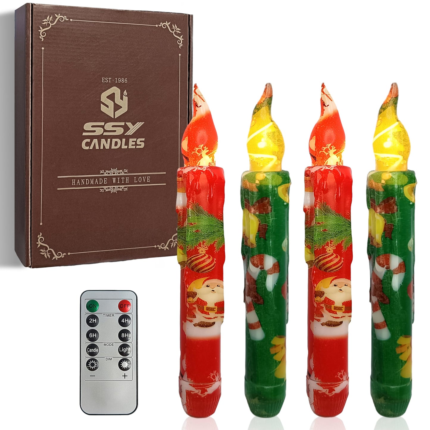 FCMSHAMD Christmas Flameless Short Taper Candles, Red Green LED Battery Operated with Remote, Flickering Flame Lights for Home Décor, 6.7 Inch Primitive Flameless Print Candles, 4PCS