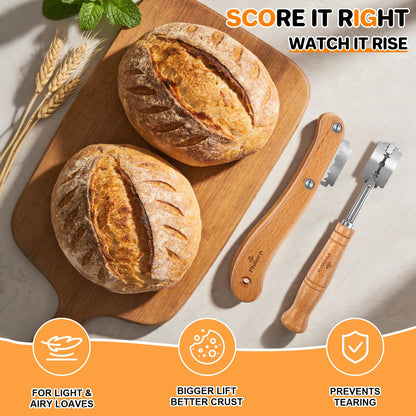 PHILORN 2pcs Set Bread Lame with 10 Stainless Steel Blades, Finger Sleeves and Protective Cover - Sourdough Razor Scorer with Straight & Curved Scoring Knife - Ergonomic Wooden Handle Gift for Bakers