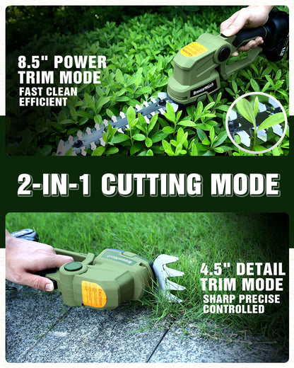 Breeze Touch 21V Hedge Trimmer Cordless with Battery and Charger, 2-in-1 Bush Trimmer Cordless & Grass Shear, Handheld Electric Hedge Trimmers with 4.5"/8.5" Blades for Garden & Lawn