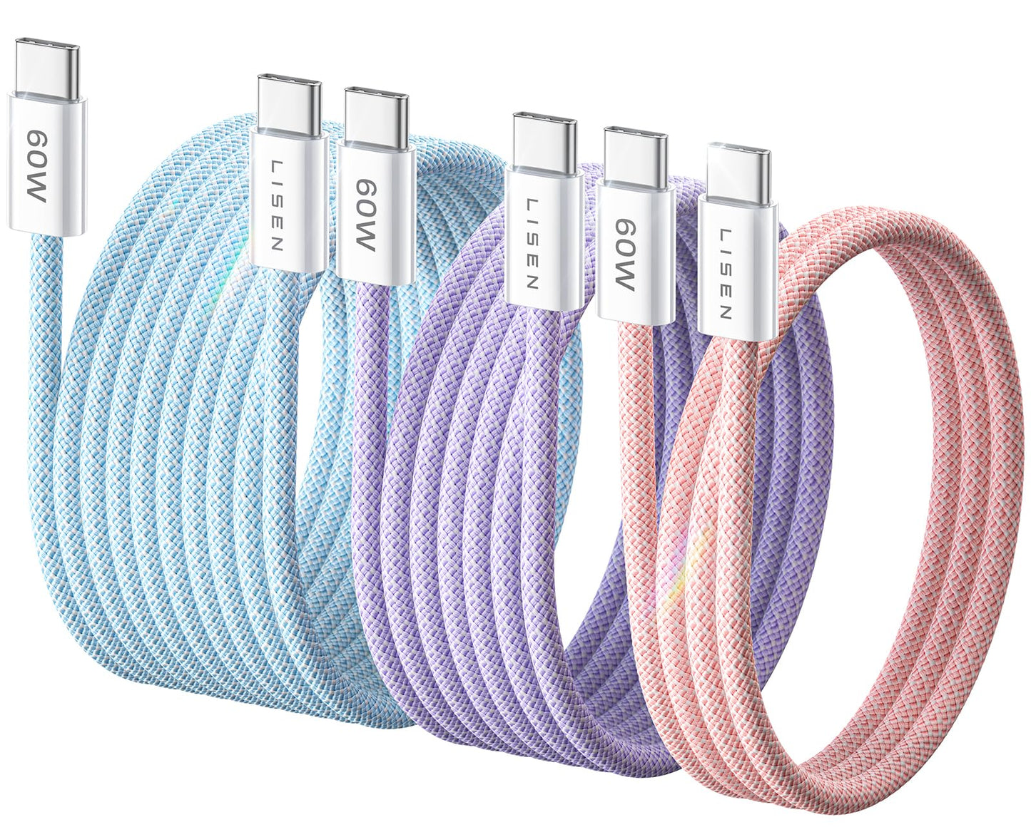 LISEN USB C Cable, 5-Pack [3.3/3.3/6.6/6.6/10FT] for iPhone 17 Charger Cord, 60W USB C to USB C Fast Charging Cable for iPhone 17 Air 16 15 Pro Max, Samsung Z Flip 7/S25/S24, Switch 2, iPad, MacBook