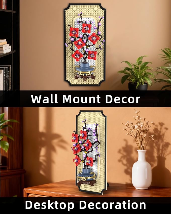 Plum Blossom Building Set for Adults 3D Wall Art Frame Decor Botanical Flower Blocks Kit Home Office Wall Decor Birthday for Women &amp Plant Lovers (529 PCS)