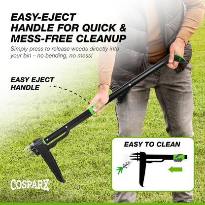 Weed Puller Tool with Long 43” Handle, No Bending, Easy Eject – Removes Weeds Effortlessly, Sturdy Foot Pedal & Lightweight Aluminum - 4-Claw Hand Weeding Tool